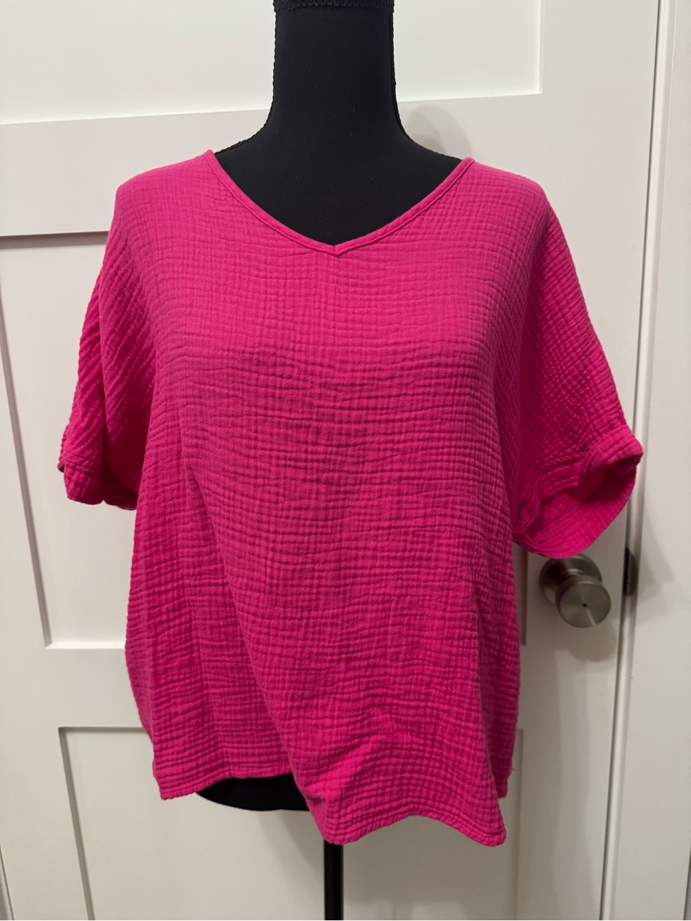 SHEIN Hot Pink V-Neck Gauze Short Sleeve Top